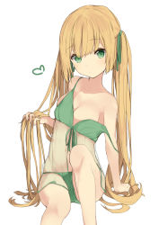 Rule 34 | 1girl, bare shoulders, bikini, blonde hair, breasts, closed mouth, commentary request, green bikini, green eyes, green ribbon, hair flowing over, hair ribbon, hand in own hair, heart, highres, long hair, looking at viewer, medium breasts, navel, off shoulder, original, paryi, ribbon, simple background, sitting, solo, swimsuit, twintails, very long hair, white background