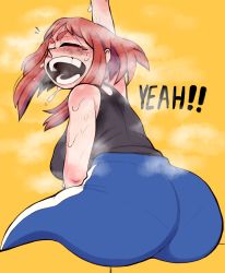 Rule 34 | 1girl, ass, ass focus, bare shoulders, black shirt, blush, boku no hero academia, breasts, brown hair, cheering, closed eyes, dumpiwumpi, english text, excited, highres, huge ass, large breasts, open mouth, pants, pantylines, shirt, short hair, sidelocks, simple background, sitting, sleeveless, smile, solo, sweat, tank top, track pants, u.a. gym uniform, uraraka ochako, yellow background