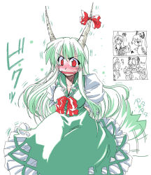 Rule 34 | 2girls, breasts, comic, dress, ex-keine, female focus, horn ornament, horn ribbon, horns, kamishirasawa keine, multiple girls, partially colored, ribbon, solo, tail, takana shinno, touhou, white background