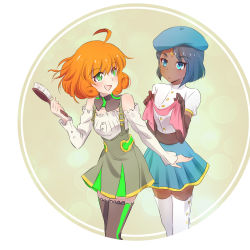 Rule 34 | 2girls, ahoge, android, beret, blue eyes, blue hair, blush, boots, breasts, ciel soleil, curly hair, dark-skinned female, dark skin, detached sleeves, dress, elbow gloves, eye contact, facial mark, facing another, forehead jewel, forehead mark, freckles, gloves, green eyes, hair brush, hand up, hands up, happy, hat, highres, holding, holding brush, holding hair brush, holding ribbon, iesupa, image sample, long sleeves, looking at another, looking back, medium breasts, midriff, multiple girls, open mouth, orange hair, parted lips, penny polendina, pink ribbon, pixiv sample, pleated skirt, ribbon, unworn ribbon, rwby, shirt, short hair, short sleeves, skirt, smile, standing, thigh boots, thighhighs, tongue