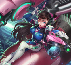 Rule 34 | 1girl, 2016, ;p, absurdres, acronym, alternate eye color, animal print, arm cannon, armor, artist name, blue bodysuit, blue eyes, bodysuit, boots, bracer, breasts, breasts apart, brown hair, character name, covered navel, d.va (overwatch), dated, eyelashes, eyeliner, facepaint, facial mark, from above, gatling gun, gloves, gun, hands up, headphones, highres, knee up, large breasts, leal666, lipstick, long hair, long sleeves, looking at viewer, makeup, mecha, medium breasts, meka (overwatch), nose, one eye closed, overwatch, overwatch 1, pauldrons, pilot suit, pink lips, pointing, pointing at viewer, rabbit print, ribbed bodysuit, robot, shoulder armor, shoulder pads, signature, sitting, skin tight, solo, swept bangs, thigh boots, thigh strap, thighhighs, tongue, tongue out, turtleneck, water, weapon, whisker markings, white footwear, white gloves