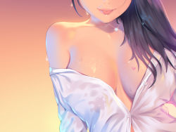Rule 34 | 1girl, a.x., black hair, blouse, breasts, cleavage, closed mouth, collared shirt, head out of frame, heart, jewelry, large breasts, long hair, naked shirt, necklace, no bra, open clothes, open shirt, original, presenting shoulder, see-through, see-through shirt, shirt, simple background, smile, solo, tongue, tongue out, upper body, wet, wet clothes, wet shirt, white shirt
