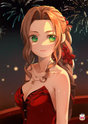 Rule 34 | 1girl, aerith gainsborough, aerith gainsborough (red dress), bare arms, breasts, bridge, brown hair, cleavage, collarbone, dress, duplicate, final fantasy, final fantasy vii, final fantasy vii remake, fireworks, flamenco dress, flower, green eyes, hair flower, hair ornament, hair ribbon, highres, jewelry, kamui (kamuikaoru), long hair, looking to the side, medium breasts, multiple necklaces, necklace, official alternate costume, outdoors, parted bangs, pixel-perfect duplicate, ponytail, red dress, red flower, red ribbon, ribbon, sidelocks, smile, solo, square enix, star (symbol), star necklace, strapless, strapless dress, upper body, wall market, wavy hair