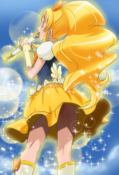 Rule 34 | 10s, 1girl, arm guards, ass, blonde hair, blue background, blue sky, boots, bottomless, bow, bow legwear, bubble, bubble background, cloud, cure honey, earrings, frills, from behind, hair bow, happinesscharge precure!, haruyama kazunori, jewelry, kneepits, light particles, long hair, mini wings, music, no panties, oomori yuuko, ponytail, precure, profile, puffy sleeves, singing, skirt, sky, solo, upskirt, wand, wide ponytail, wings
