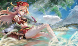 Rule 34 | 1girl, bare legs, bare shoulders, barefoot, blue sky, breasts, cleavage, commentary request, crop top, detached sleeves, feet in water, genshin impact, green eyes, hair between eyes, highres, holding, holding plant, light rays, long hair, long sleeves, midriff, miniskirt, mohri, mountain, outdoors, pink hair, plant, pom pom (clothes), red headwear, red skirt, resolution mismatch, revision, sitting, skirt, sky, small breasts, soaking feet, solo, source larger, stomach, thighs, very long hair, water, yanfei (genshin impact)