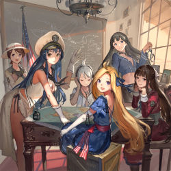 Rule 34 | 10s, 6+girls, :d, admiral (kancolle), ahoge, american flag, black hair, blonde hair, blue hair, blush, breasts, brown eyes, brown hair, chair, chalkboard, head rest, choker, cleavage, crate, cuffs, english text, closed eyes, gloves, handcuffs, hat, headphones, heart, highres, inkwell, jeanex, kantai collection, lamp, light smile, long hair, looking at viewer, map, mecha musume, midriff, multiple girls, navel, open mouth, original, pacific (kancolle), peaked cap, personification, photo (object), purple eyes, school uniform, serafuku, short hair, smile, sun hat, table, uss chicago (ca-29), uss edsall (dd-219), uss lexington (cv-2), uss marblehead (cl-12), uss maryland (bb-46), uss sculpin (ss-191), uss west virgina (bb-48), uss west virginia (bb-48), very long hair, white gloves, window