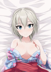 Rule 34 | 10s, 1girl, anastasia (idolmaster), bare shoulders, bed, bed sheet, blonde hair, blue eyes, blush, breasts, breasts apart, closed mouth, collarbone, floral print, from above, hair between eyes, hand on own chest, head tilt, idolmaster, idolmaster cinderella girls, inoshira, japanese clothes, kimono, large breasts, long sleeves, looking at viewer, looking up, open clothes, open kimono, sash, short hair, smile, solo, tsurime, wide sleeves