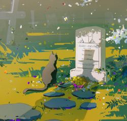 Rule 34 | 1boy, absurdres, black cat, cat, cobblestone, cross, english text, falling petals, flower, grass, graveyard, hat, highres, klein moretti, lord of the mysteries, out of frame, petals, plant, shadow, tombstone, user hwjs7275