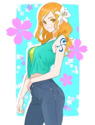 Rule 34 | 1girl, arm tattoo, blue background, border, breasts, closed mouth, commentary, denim, english commentary, floral background, flower, hair flower, hair ornament, highres, jeans, long hair, looking at viewer, midriff peek, nami (one piece), one piece, orange eyes, orange hair, outside border, pants, smile, solo, standing, stephenapatton, tattoo, white border, white flower