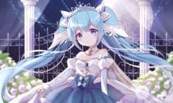 Rule 34 | 1girl, absurdres, bare shoulders, beamed eighth notes, blue dress, blue eyes, blue hair, brooch, cape, collarbone, commentary, curtains, detached sleeves, dress, eighth note, expressionless, fence, flower, fortissimo, full moon, gate, hair ornament, hatsune miku, highres, hoop skirt, jewelry, light blue hair, light blush, long hair, looking at viewer, moon, musical note, musical note hair ornament, night, princess, puffy detached sleeves, puffy sleeves, qiuyuan lu, skirt hold, snowflake hair ornament, solo, strapless, strapless dress, striped sleeves, tiara, twintails, very long hair, vocaloid, white sleeves, yuki miku, yuki miku (2019)