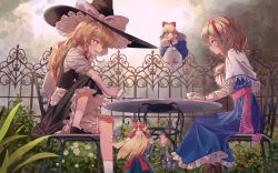 Rule 34 | 2girls, alice margatroid, arm on knee, black footwear, black skirt, black vest, blonde hair, bloomers, blue dress, blue eyes, blush, boots, braid, brown footwear, capelet, chair, cup, day, dress, fence, flower, flying, foot out of frame, from behind, from side, garden, gradient sky, grey sky, hair ribbon, hairband, hand on own chest, hand on own knee, hat, hat ribbon, high collar, highres, holding, holding cup, holding flower, holding teapot, iron fence, ironwork, kirisame marisa, knee up, long hair, long sleeves, looking at another, maachi (fsam4547), multiple girls, open mouth, outdoors, petticoat, ribbon, rose, sash, shanghai doll, shirt, short hair, short sleeves, sideways mouth, single braid, sitting, skirt, sky, table, teacup, teapot, teeth, touhou, underwear, upper teeth only, vest, white capelet, white legwear, white shirt, witch hat, yellow eyes, yellow flower, yellow rose