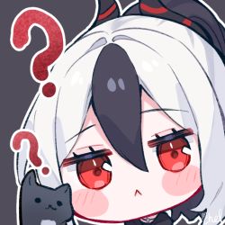 Rule 34 | 1girl, :&lt;, ?, animal, black cat, black hair, blue archive, blush stickers, cat, cheli (kso1564), chibi, closed mouth, commentary request, dyed bangs, grey background, hair between eyes, horns, kayoko (blue archive), lowres, multicolored hair, ponytail, red eyes, simple background, solo, two-tone hair, upper body, white hair