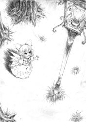 Rule 34 | 1girl, cirno, dress, female focus, grass, greyscale, hair ribbon, katzeh, lamppost, monochrome, nature, outdoors, plant, ribbon, scenery, solo, touhou, tree, wings