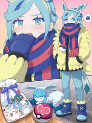 Rule 34 | 1boy, blue footwear, blue mittens, blue scarf, blush, boots, cetoddle, commentary request, creatures (company), cubchoo, game freak, gen 2 pokemon, gen 3 pokemon, gen 4 pokemon, gen 5 pokemon, gen 8 pokemon, glaceon, grusha (pokemon), hairband, hand up, hands in pockets, highres, jacket, long sleeves, love ball, male focus, min (myna8247), mittens, multiple views, nintendo, open mouth, pants, poke ball, poke ball print, pokemon, pokemon (creature), pokemon ears, pokemon sv, scarf, scarf over mouth, sneasel, snom, spoken squiggle, squiggle, standing, striped clothes, striped scarf, swablu, sweat, teeth, upper teeth only, yellow jacket