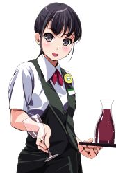 Rule 34 | 1girl, :d, alcohol, badge, black hair, black skirt, black vest, blush, bow, bowtie, collared shirt, cowboy shot, cup, drinking glass, grey eyes, highres, holding, holding cup, holding drinking glass, holding tray, jug (bottle), matsunaga kouyou, open mouth, pencil skirt, red bow, red bowtie, round teeth, shirt, short hair, simple background, skirt, smile, solo, teeth, tray, vest, waitress, white background, wine, wine glass, wing collar