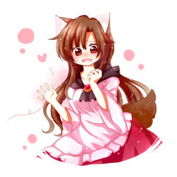 Rule 34 | 1girl, animal ears, blush, breasts, brooch, brown hair, dress, gradient background, heart, imaizumi kagerou, jewelry, long hair, long sleeves, looking at viewer, open mouth, red eyes, solo, string, string of fate, sweatdrop, tail, totoharu (kujirai minato), touhou, wolf ears, wolf tail