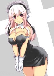 Rule 34 | 1girl, bare shoulders, blush, breasts, cleavage, deni m, detached collar, dress, gloves, habit, headphones, large breasts, long hair, looking at viewer, nitroplus, pink hair, smile, solo, super sonico, v arms, white gloves