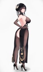 Rule 34 | 1girl, ass, azur lane, bare shoulders, bilei, black dress, black footwear, black gloves, black hair, black pantyhose, blush, breasts, chen hai (azur lane), chen hai (vestibule of wonders) (azur lane), commentary request, dress, elbow gloves, from behind, full body, gloves, hair ornament, hand on own hip, high heels, highres, large breasts, looking at viewer, looking back, official alternate costume, pantyhose, parted lips, red eyes, revision, simple background, smile, solo, standing, thighs, white background