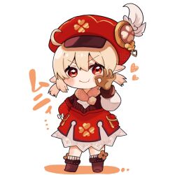 Rule 34 | 1girl, ahoge, blonde hair, blush, boots, bow, brown footwear, brown gloves, cabbie hat, chibi, closed mouth, clover print, coat, commentary request, dress, eyelashes, genshin impact, gloves, hair between eyes, hand on own hip, hand up, hat, hat feather, heart, highres, klee (genshin impact), kogamo (user vajm2737), long sleeves, looking at viewer, low twintails, medium hair, ok sign, pocket, pointy ears, pom pom (clothes), red coat, red eyes, red hat, ribbed socks, short twintails, sidelocks, simple background, smile, socks, solo, standing, translation request, twintails, v-shaped eyebrows, white background, white bow, white dress, white socks