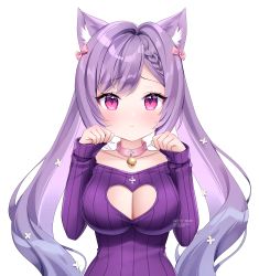 Rule 34 | animal ear fluff, animal ears, artist name, bad id, bad pixiv id, bare shoulders, bell, blush, bow, braid, braided bangs, breasts, cat ears, cleavage, cleavage cutout, closed mouth, clothing cutout, collar, collarbone, genshin impact, hair bow, hands up, highres, jingle bell, kemonomimi mode, keqing (genshin impact), long sleeves, looking at viewer, medium breasts, meme attire, nami (nyaa), neck bell, off-shoulder sweater, off shoulder, open-chest sweater, paw pose, pink bow, pink collar, pixiv username, purple hair, purple sweater, red eyes, sidelocks, simple background, sleeves past wrists, solo, sweater, twitter username, upper body, white background