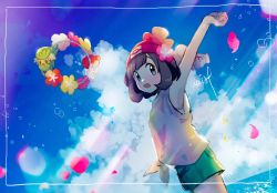 Rule 34 | 1girl, arm up, armpits, blue eyes, cloud, comfey, commentary, creatures (company), day, falling petals, floral print, framed, from side, game freak, gen 7 pokemon, green shorts, hanenbo, hat, highres, looking at viewer, nintendo, open mouth, outdoors, petals, pokemon, pokemon (creature), pokemon sm, red hat, selene (pokemon), shirt, short sleeves, shorts, sky, solo, standing, stretching, symbol-only commentary, tied shirt