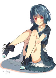 Rule 34 | 10s, 1girl, black bullet, black dress, blue hair, blush, boots, c:, character name, closed mouth, collarbone, copyright name, dated, dress, full body, hiruko kohina, hugging own legs, kinta (distortion), knees together feet apart, looking at viewer, red eyes, short hair, simple background, sitting, smile, solo, thighs, wavy hair, white background