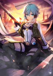 Rule 34 | 1girl, absurdres, anti-materiel rifle, black gloves, black shorts, blue eyes, blue hair, bolt action, breasts, cleavage, closed mouth, commentary request, fingerless gloves, gloves, green jacket, green thighhighs, gun, hair ornament, hairclip, hakusyokuto, highres, holding, holding gun, holding weapon, jacket, looking at viewer, medium breasts, messy hair, pgm hecate ii, rifle, scarf, short hair, shorts, sidelocks, sinon, sitting, sniper rifle, solo, sunset, sword art online, thigh strap, thighhighs, v-shaped eyebrows, weapon, white scarf