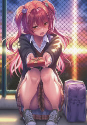 Rule 34 | 1girl, absurdres, bag, blush, box, brown eyes, buttons, chain-link fence, cloud, cloudy sky, fence, fingernails, full body, gift, gift box, gradient sky, hair ornament, hanikami kanojo, highres, hinoura nanaka, jacket, long hair, long sleeves, looking at viewer, open mouth, outdoors, piromizu, red eyes, ribbon, school bag, school uniform, shirt, shoes, short twintails, simple background, skirt, sky, sneakers, solo, sunset, thighs, twintails