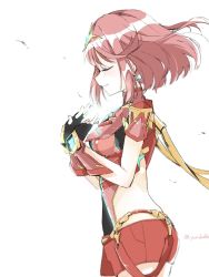 Rule 34 | 1girl, bafarin, blush, breasts, covered navel, earrings, fingerless gloves, gloves, hair ornament, highres, jewelry, large breasts, nintendo, pyra (xenoblade), red hair, short hair, shorts, sidelocks, simple background, smile, solo, tiara, white background, xenoblade chronicles (series), xenoblade chronicles 2, xenoblade chronicles (series), xenoblade chronicles 2