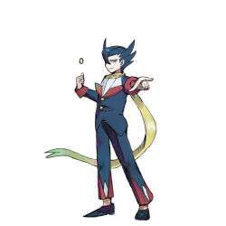 Rule 34 | 1boy, black footwear, black hair, blue eyes, byte (grunty-hag1), commentary request, creatures (company), game freak, grimsley (pokemon), hair between eyes, long sleeves, male focus, nintendo, pants, pointing, pokemon, pokemon bw, shoes, simple background, smirk, solo, standing, white background