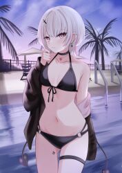 Rule 34 | 1girl, asumi sena, beach chair, beach umbrella, bikini, black collar, black jacket, breasts, cloud, collar, cross hair ornament, demon tail, ear piercing, earrings, evening, extra tails, fang, front-tie bikini top, front-tie top, grey hair, hair ornament, heart, heart necklace, highres, jacket, jewelry, karmq, leg tattoo, long sleeves, looking at viewer, multi-strapped bikini bottom, multicolored hair, navel, necklace, o-ring, o-ring bikini, off shoulder, open clothes, open jacket, outdoors, palm tree, piercing, pink eyes, pink hair, pool, poolside, skin fang, sky, small breasts, spade tattoo, stomach, streaked hair, swimsuit, tail, tattoo, thigh strap, tree, umbrella, virtual youtuber, vspo!, wolf cut