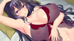 Rule 34 | 1girl, :&gt;, arm up, armpits, bed, blush, breasts, closed mouth, female focus, from above, game cg, hair between eyes, large breasts, lingerie, long hair, looking at viewer, lying, navel, nipples, nonomiya rinka, on bed, original, pillow, purple eyes, purple hair, see-through, shiokonbu, sister lesson, smile, solo, underwear, upper body