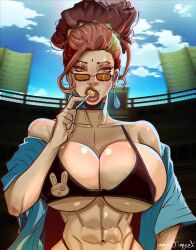 Rule 34 | 1girl, abs, annoyed, bare shoulders, bikini, grabbing another&#039;s breast, breasts, buddha (shuumatsu no valkyrie), candy, fangs, female focus, food, genderswap, genderswap (mtf), glasses, goddess headdress, grabbing, hand on own hip, highres, indian, indian clothes, indian style, japanese clothes, kimono, large breasts, lips, lollipop, long hair, looking at viewer, multicolored eyes, multicolored hair, orange eyes, ornament, shuumatsu no valkyrie, sitting, solo, swimsuit, yukata