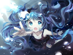 Rule 34 | 1girl, aqua eyes, bison cangshu, black dress, blue hair, bubble, caustics, commentary, dress, foreshortening, from above, hair ribbon, hatsune miku, highres, long hair, open mouth, reaching, ribbon, shinkai shoujo (vocaloid), signature, solo, spaghetti strap, sunlight, twintails, underwater, very long hair, vocaloid