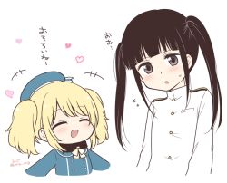 Rule 34 | 10s, 2girls, ^^^, alternate hairstyle, atago (kancolle), black eyes, black hair, blonde hair, blush, closed eyes, female admiral (kancolle), female focus, flying sweatdrops, hat, heart, kantai collection, little girl admiral (kancolle), long hair, long sleeves, migu (migmig), military, military uniform, multiple girls, naval uniform, open mouth, translated, twintails, twitter username, uniform, upper body, white background, aged down