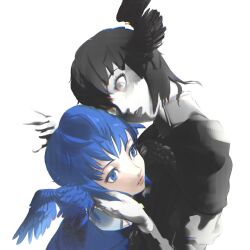 Rule 34 | 2girls, 7enn, bird wings, black capelet, black hair, blue eyes, blue hair, capelet, chin rest, colored skin, crazy eyes, expressionless, feathered wings, final fantasy, final fantasy xiv, glitch, grey eyes, hand on another&#039;s cheek, hand on another&#039;s face, head on head, head rest, head wings, heads together, highres, looking at another, meteion, multiple girls, open mouth, parted lips, short hair, simple background, upper body, white background, white skin, wings