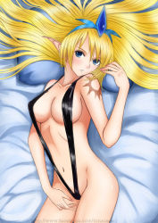 Rule 34 | 1girl, arm tattoo, artist name, bed, bikini, black bikini, blonde hair, blue eyes, blush, breasts, collarbone, cowboy shot, groin, hair between eyes, hair flowing over, hair spread out, head tilt, janna (league of legends), league of legends, long hair, long pointy ears, looking at viewer, lying, md5 mismatch, medium breasts, navel, parted lips, pillow, pointy ears, shiny skin, slingshot swimsuit, solo, swimsuit, tattoo, tiara, tonnelee, watermark, web address