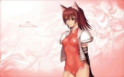 Rule 34 | animal ears, breasts, breasts apart, cat ears, character name, english text, from side, gradient background, hair between eyes, highres, leotard, mao (shining tears), official art, official wallpaper, paw print, pink background, sega, shining (series), shining tears, short hair, solo, standing, tony taka, wallpaper, white background