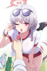 Rule 34 | 1boy, 1girl, black tail, black wings, blue archive, blush, braid, breasts, buruma, collarbone, cowboy shot, ddangbi, demon tail, demon wings, eyewear on head, fake wings, fingernails, gem, grey hair, gym shirt, gym uniform, halo, haruna (blue archive), haruna (track) (blue archive), highres, large breasts, long hair, looking at viewer, official alternate costume, one eye closed, open mouth, red buruma, red eyes, red halo, shirt, short sleeves, side braid, single wing, tail, tongue, tongue out, white shirt, wings