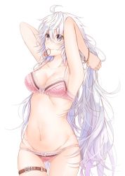 Rule 34 | 1girl, absurdres, ahoge, armpits, arms up, bad id, bad pixiv id, bare arms, bow, bow bra, bow panties, bra, breasts, buckle, bunching hair, cleavage, collarbone, commentary request, cowboy shot, fate/grand order, fate (series), floral print, genderswap, genderswap (mtf), gluteal fold, groin, hair between eyes, hair tie, highres, lace, lace-trimmed bra, lace-trimmed panties, lace trim, long hair, looking away, looking up, medium breasts, merlin (fate/stay night), mouth hold, navel, panties, parted lips, pink bra, polka dot, polka dot bra, polka dot panties, print bra, print panties, purple eyes, rikaya010203, shiny skin, simple background, skindentation, smile, solo, standing, star (symbol), stomach, thigh gap, thigh strap, underwear, underwear only, very long hair, white background, white hair, wristband