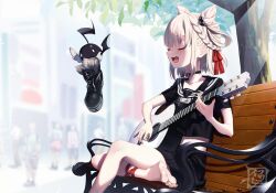 Rule 34 | 1girl, barefoot, bench, closed eyes, feet, guitar, highres, instrument, medium hair, music, open mouth, playing instrument, shoes, unworn shoes, silver hair, single shoe, sitting, soles, toes