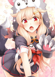 Rule 34 | 1boy, :o, alternate hairstyle, animal hands, animal hood, black ribbon, black serafuku, black shirt, black skirt, blonde hair, blush, claws, fang, gloves, gradient background, hair flaps, hair ornament, hair ribbon, hairclip, hood, kantai collection, leaning forward, long hair, looking at viewer, low-tied long hair, low twintails, miniskirt, neckerchief, open mouth, paw gloves, pleated skirt, red eyes, red neckerchief, ribbon, rui shi (rayze ray), school uniform, serafuku, shirt, short sleeves, skirt, smile, solo, star (symbol), starry background, tail, twintails, wolf hood, wolf tail, yuudachi (kancolle), yuudachi kai ni (kancolle)