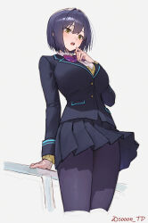 1girl artist_name black_pantyhose blazer blue_hair blue_jacket blue_skirt blush bow bowtie breasts collared_shirt cowboy_shot double-parted_bangs dress_shirt grey_background hair_between_eyes hand_up highres jacket lapels large_breasts long_sleeves looking_at_viewer miniskirt nijisanji notched_lapels open_mouth pantyhose pleated_skirt pocket purple_bow purple_bowtie railing school_uniform shirt shizuka_rin shizuka_rin_(1st_costume) short_hair simple_background skirt sooon standing striped_bow striped_bowtie striped_clothes sweater teeth thighs tongue twitter_username v-neck virtual_youtuber watermark white_background white_shirt wind wind_lift wing_collar winter_uniform yellow_eyes yellow_sweater