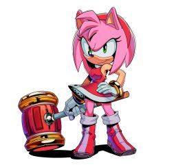 Rule 34 | 1girl, amy rose, boots, breasts, commentary, dress, english commentary, furry, furry female, gloves, green eyes, hairband, hammer, hand on own hip, highres, holding, holding hammer, medium breasts, red dress, red footwear, red hairband, satierf, sleeveless, sleeveless dress, smile, solo, sonic (series), sonic frontiers, v-shaped eyes, white background, white gloves