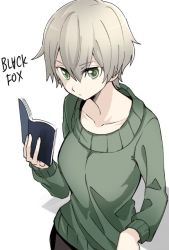Rule 34 | 1girl, black fox, book, green eyes, green sweater, mia (black fox), niina ryou, open book, short hair, silver hair, simple background, solo, sweater, white background