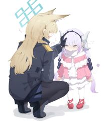 2girls animal_ear_fluff animal_ears beads black_footwear black_thighhighs blonde_hair blue_archive blue_halo blunt_bangs capelet closed_eyes commentary crying dog_ears dog_girl dragon_girl dragon_horns dress extra_ears flying_sweatdrops gurenola hair_beads hair_ornament hairband halo headpat highres horns jacket kanna_(blue_archive) kanna_kamui kobayashi-san_chi_no_maidragon long_hair long_sleeves low_twintails multicolored_hair multiple_girls name_connection open_mouth pink_dress purple_hair red_footwear shadow sharp_teeth simple_background standing tail tareme tears teeth thighhighs tiptoes twintails white_background white_thighhighs yurie_mouth