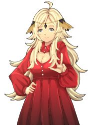Rule 34 | 1girl, ahoge, alternate costume, blonde hair, breasts, circlet, closed mouth, fire emblem, fire emblem fates, fire emblem heroes, grey eyes, hand on own hip, heart keyhole dress, long hair, looking at viewer, nintendo, ophelia (fire emblem), smile, solo, v, villager c, white background