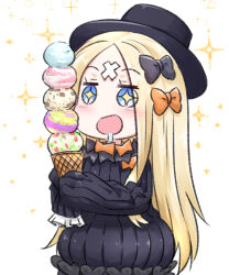 Rule 34 | + +, 1girl, :d, abigail williams (fate), black bow, black dress, black hat, blonde hair, blue eyes, blush, bow, bug, butterfly, dress, drooling, fate/grand order, fate (series), food, hair bow, hat, highres, holding, holding food, ice cream, ice cream cone, insect, long hair, long sleeves, neon-tetora, open mouth, orange bow, parted bangs, puffy long sleeves, puffy sleeves, simple background, sleeves past fingers, sleeves past wrists, smile, solo, sparkle, too many, too many scoops, very long hair, white background