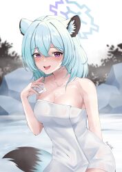 Rule 34 | 1girl, absurdres, alcohol, animal ear fluff, animal ears, aqua hair, arm behind back, armpit crease, artist name, bare shoulders, blue archive, blurry, blurry background, blush, breasts, choko (cup), cleavage, commentary, crossed bangs, cup, fingernails, hair between eyes, halo, highres, holding, holding cup, iris angel12xii, leaning forward, looking at viewer, medium breasts, medium hair, nail polish, naked towel, onsen, open mouth, purple eyes, sake, shigure (blue archive), signature, silver nails, smile, solo, standing, symbol-only commentary, tail, tongue, tongue out, towel, upper body, wading, weasel ears, weasel girl, weasel tail