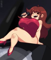 Rule 34 | 1girl, black eyes, breasts, dress, friday night funkin&#039;, girlfriend (friday night funkin&#039;), happy, heels, highres, huge breasts, microphone, one eye closed, open mouth, red dress, robe, sitting, solo, taiger